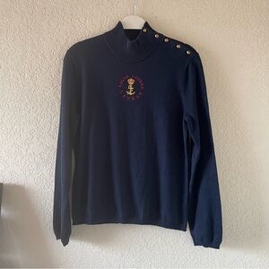 Lauren Ralph Lauren navy blue anchor mock neck pullover lightweight sweater, L